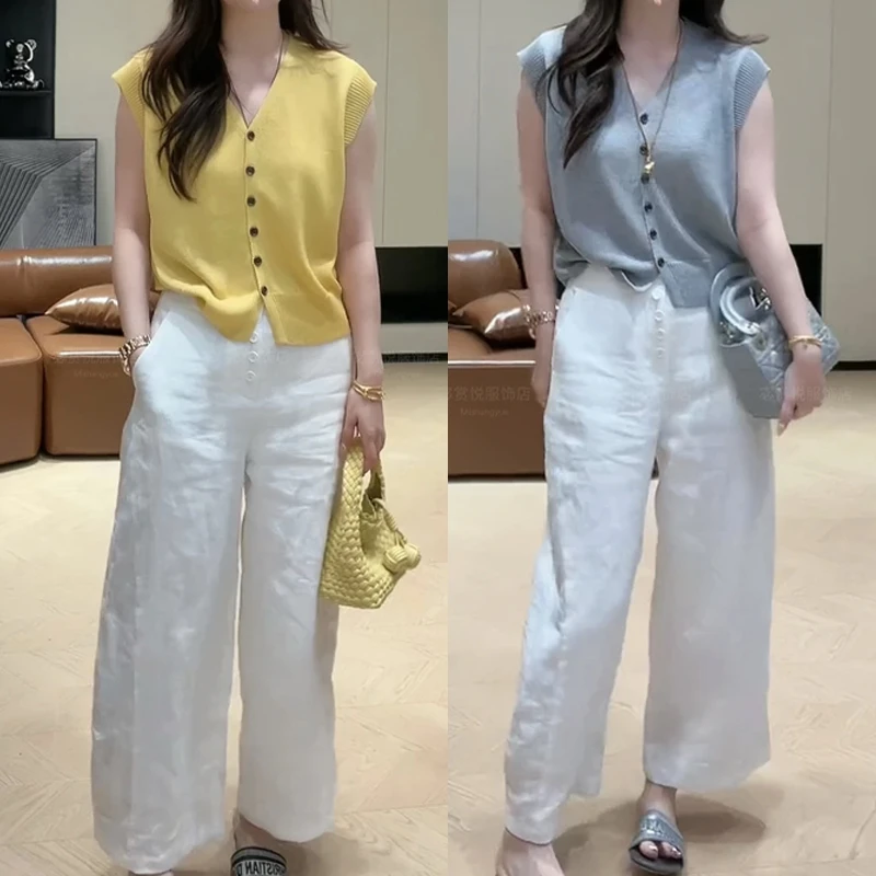 韩系纯欲V领针织上衣宽松休闲阔腿长裤子套装女2025年时尚两件套