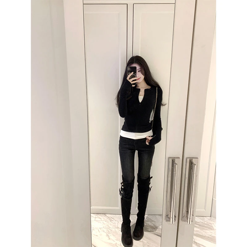 韩系时尚洋气高级感黑色休闲百搭小众简约长袖上衣高腰裤子套装女