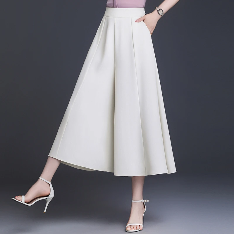 白色裙裤冰丝阔腿裤女2025夏季高腰显瘦垂感气质宽松薄款八分裤裙