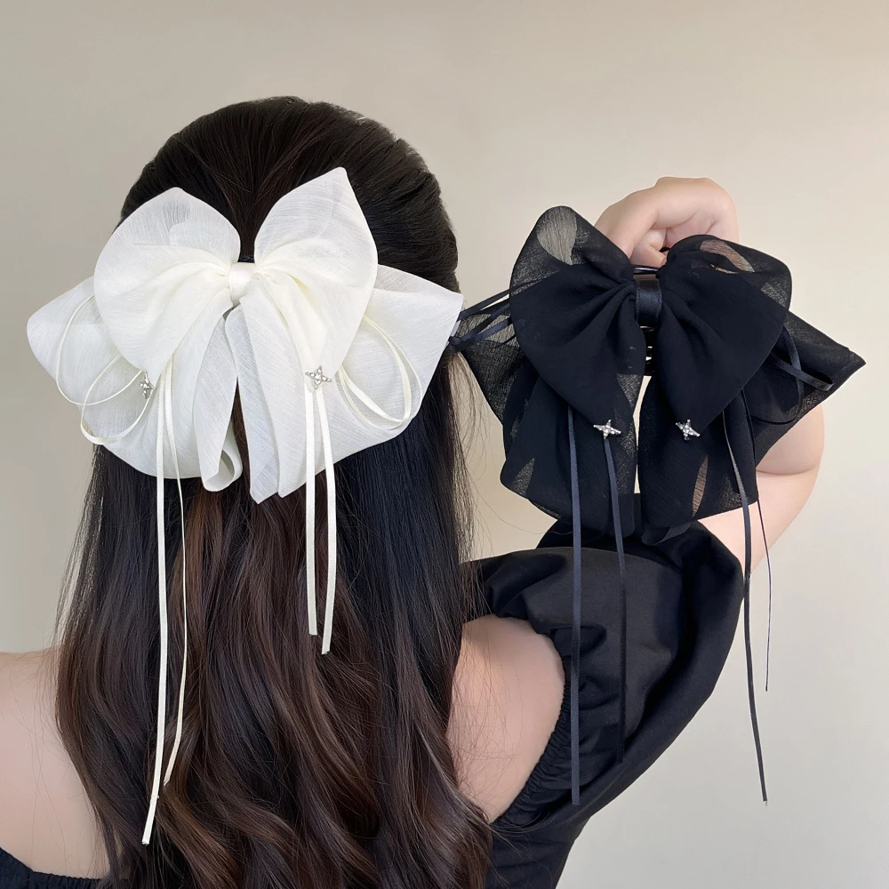 韩版气质发夹大号蝴蝶结马尾夹发饰甜美公主风飘带抓夹发卡饰