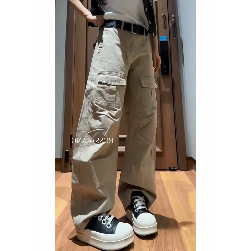 美式卡其色阔腿工装裤女2025春季新款高腰宽松显瘦牛仔裤子ins潮