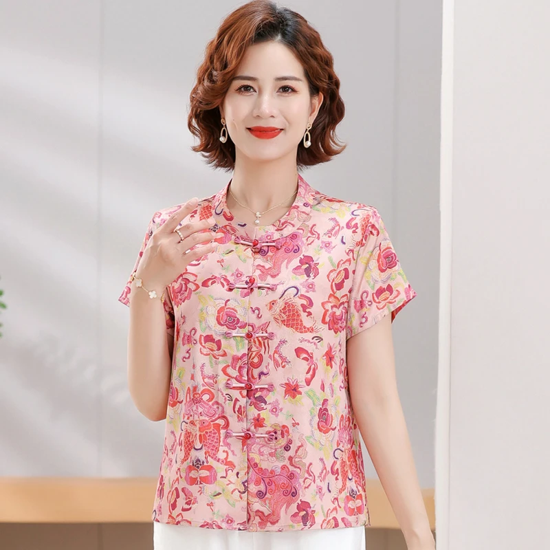 新中式国风时尚夏季短袖T恤女2025新款印花盘扣气质衬衫洋气上衣