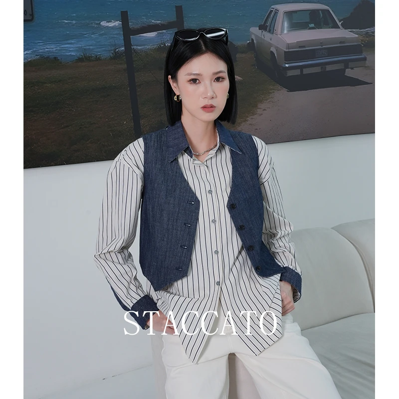 STACCATO2025夏季新款汉麻棉牛仔马甲高级女上衣极简气质背心