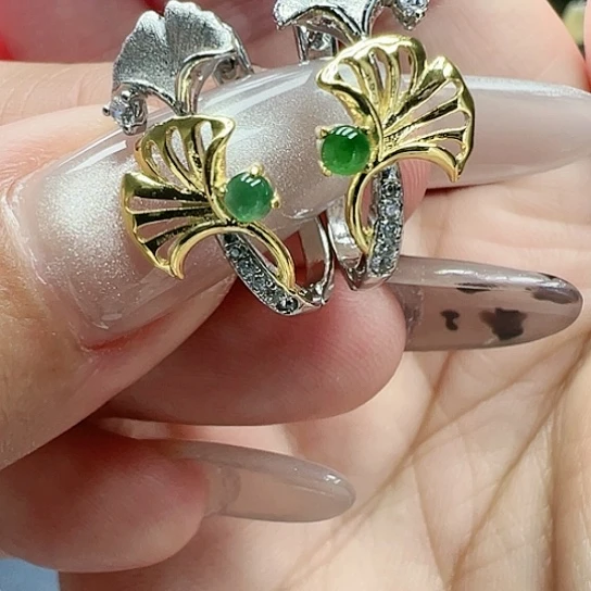 翡翠耳饰银S925镶嵌天然缅甸A货翡翠