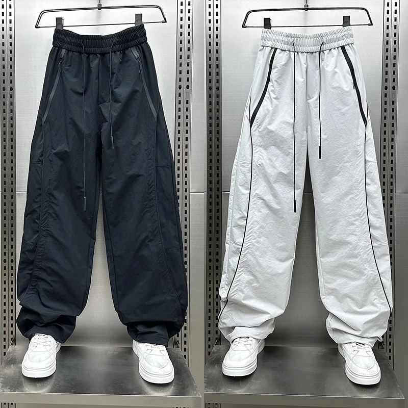 夏季新款透气速干户外轻薄条纹运动裤男士潮牌宽松直筒抽绳休闲裤