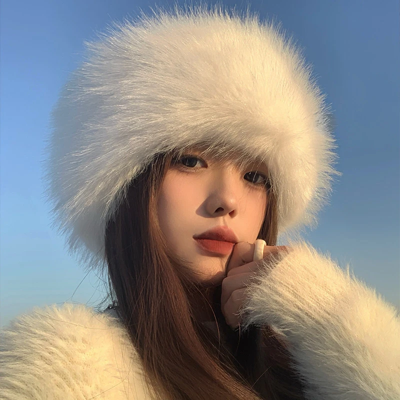 白色毛绒渔夫帽女冬季加绒毛毛盆帽水桶帽保暖仿皮草帽子大头围