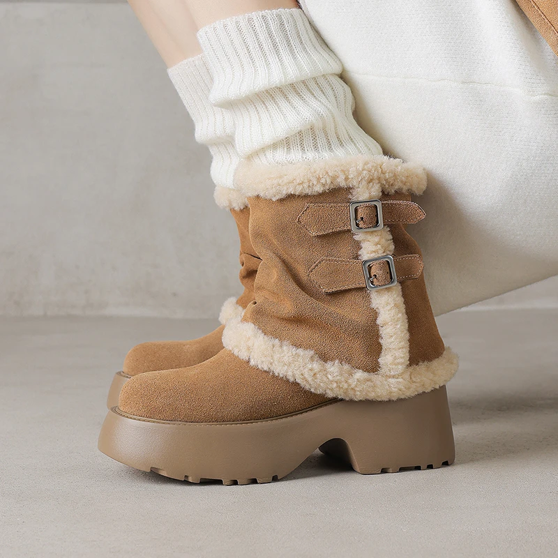 雪地靴女2025新款冬季加绒加厚保暖圆头粗跟短筒靴高跟棉靴子