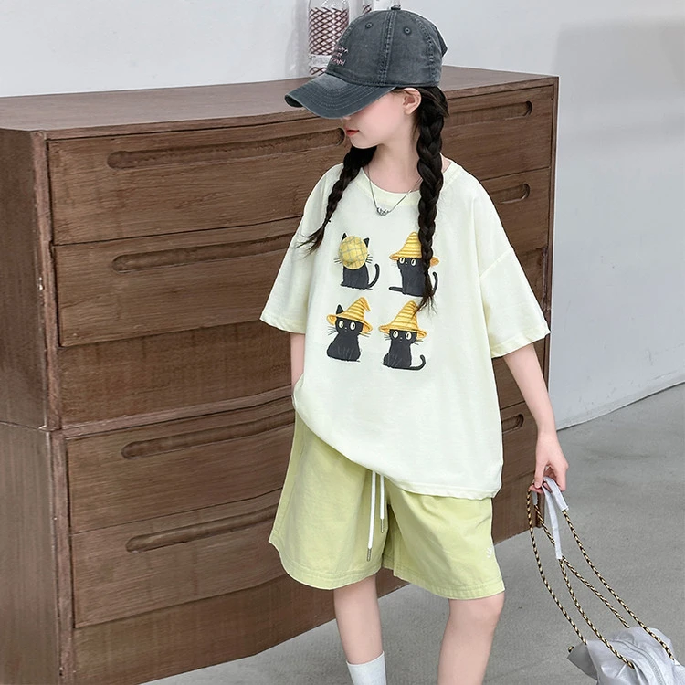 女童夏季套装2025新款大童宽松短袖夏装儿童中裤洋气短裤两件套潮
