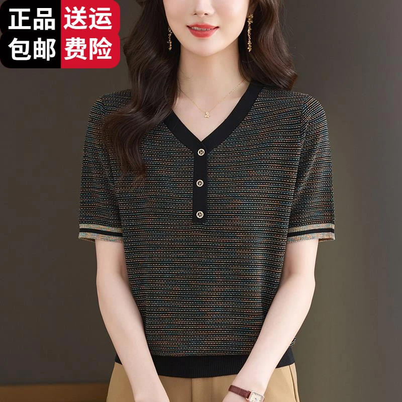 恒源祥集团彩羊中年妈妈桑蚕丝短袖女夏V领t恤针织衫宽松特大码遮