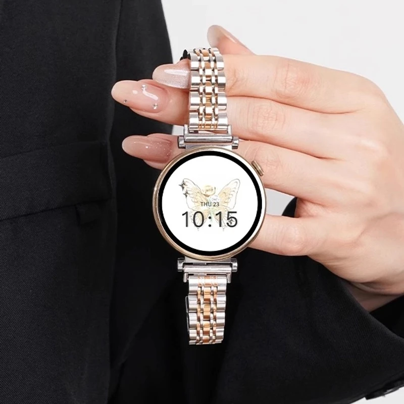 适用华为GT5女款4手表金属七珠钢带细款可调节荣耀4pro高级感表带