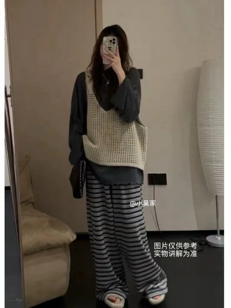 「小吴家」韩系秋季新款韩系穿搭打底衫镂空马甲条纹阔腿裤三件套