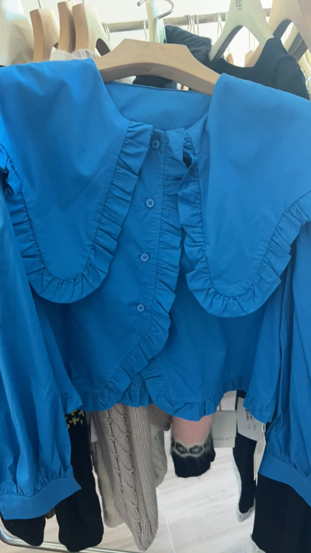 07247 简约时尚翻领蓝色单排扣衬衫