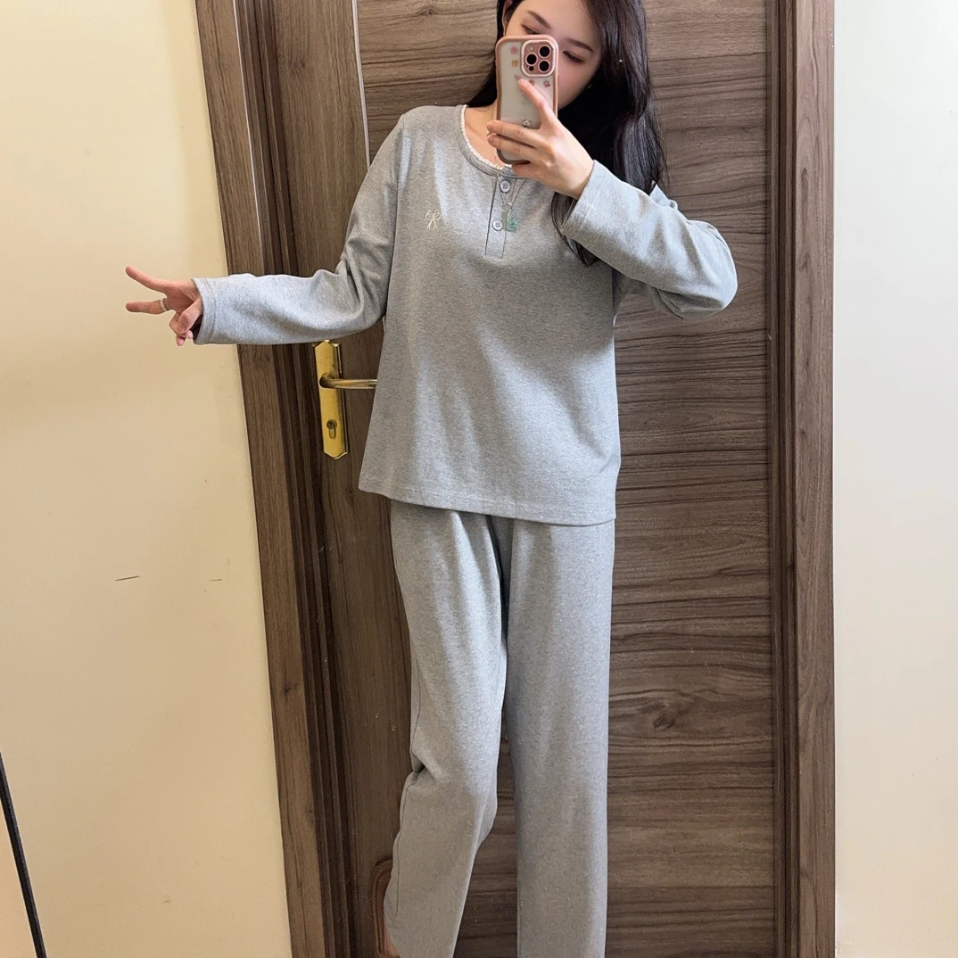 秋冬季新款韩版带胸垫花灰长袖长裤女士睡衣家居服套装