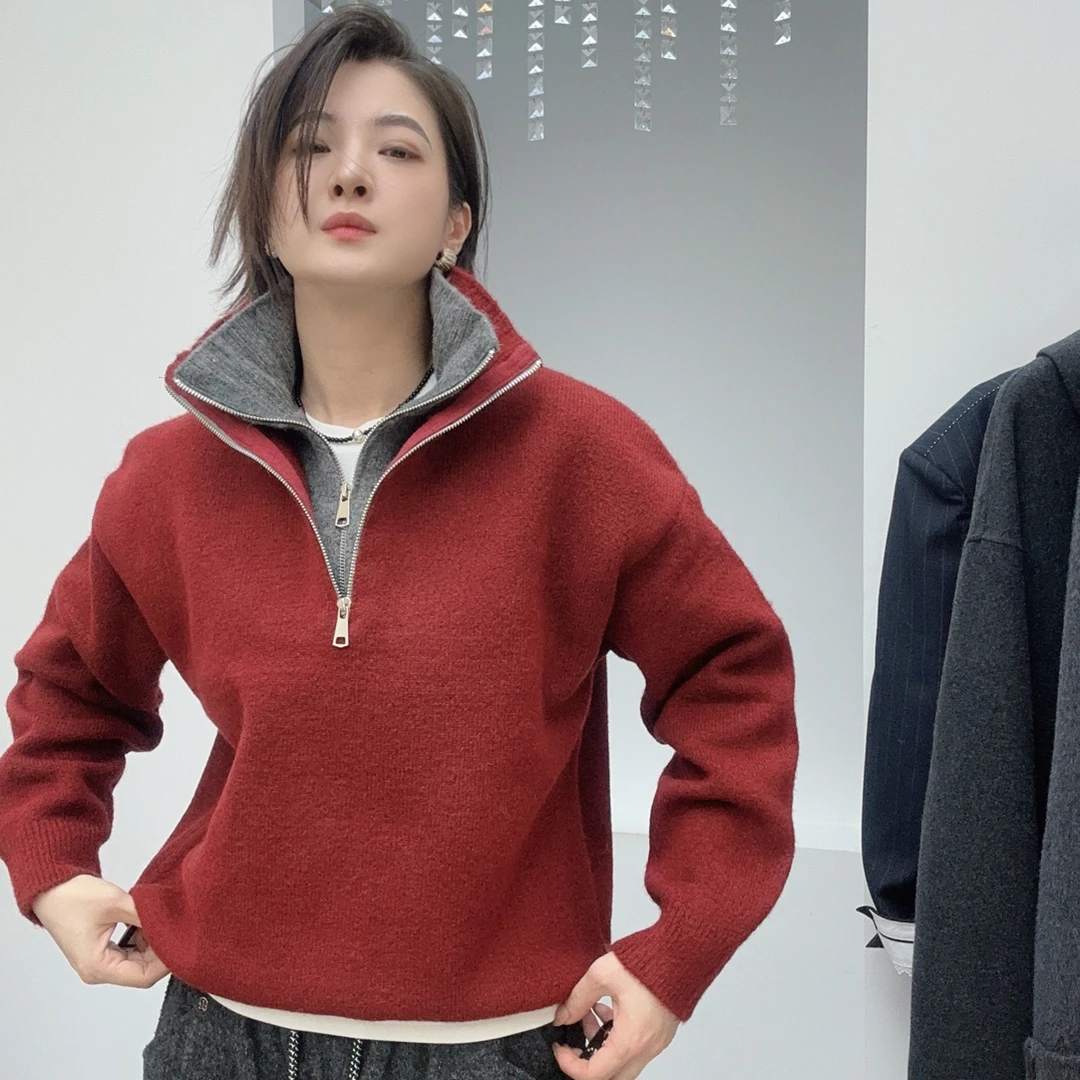 半拉链假两件撞色毛衣女秋冬季简约气质百搭套头针织衫慵懒风