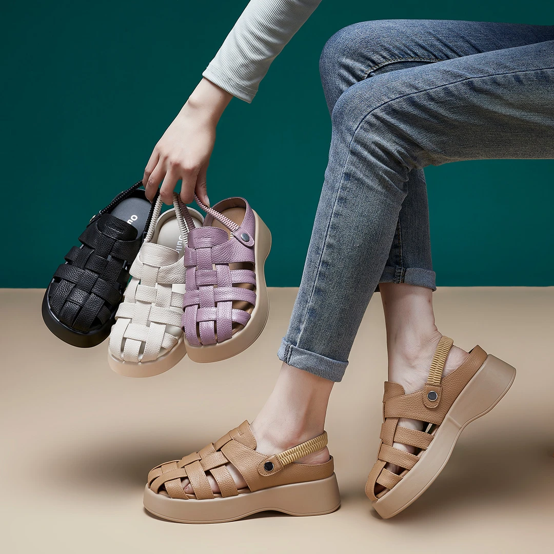 370头层牛皮凉鞋女手工编制复古厚底罗马设计师款轻便舒适女鞋