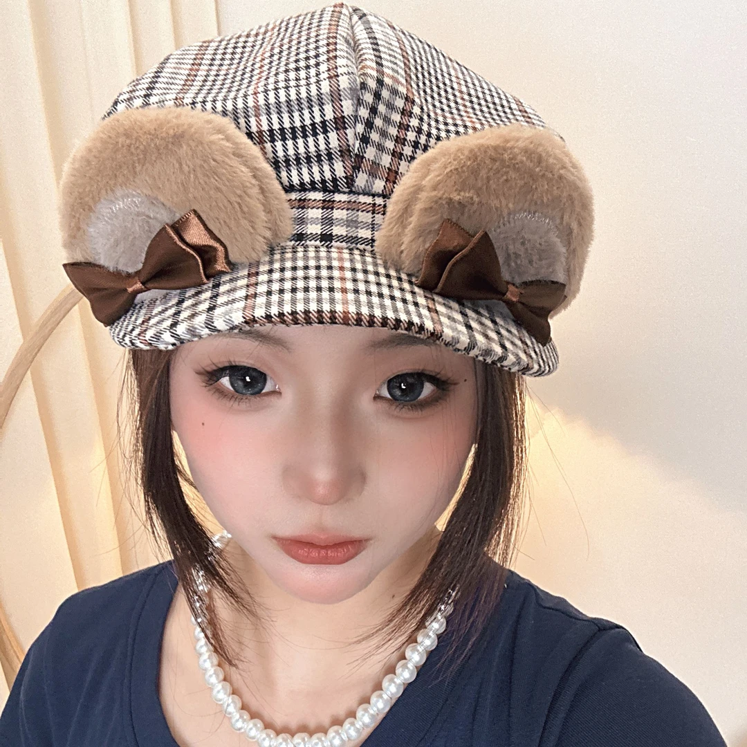 春秋美拉德八角帽复古格纹可爱小熊显脸小英伦画家帽大头围贝雷帽