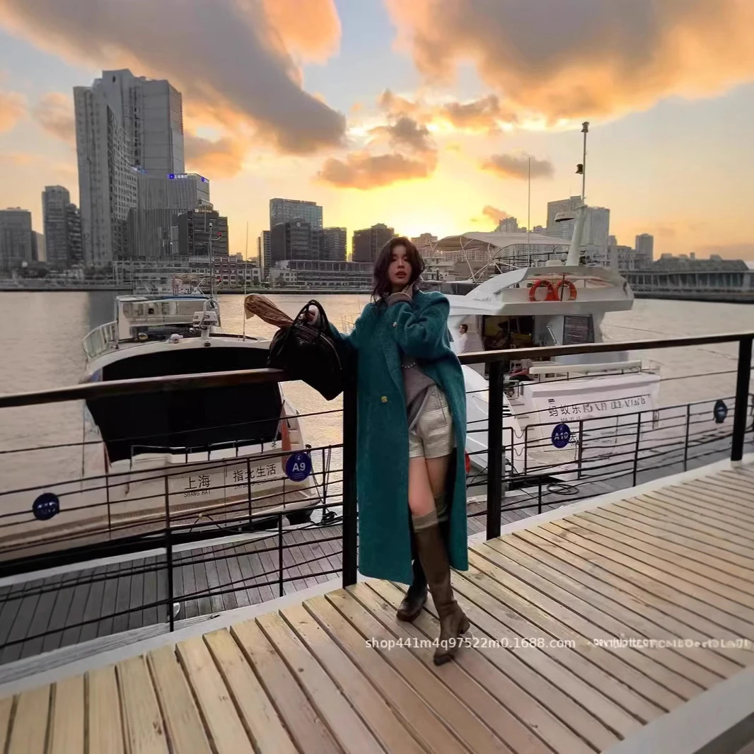 2025年秋款韩版风尚感蓝海传说精致西装领双面羊毛大衣凸显高级气