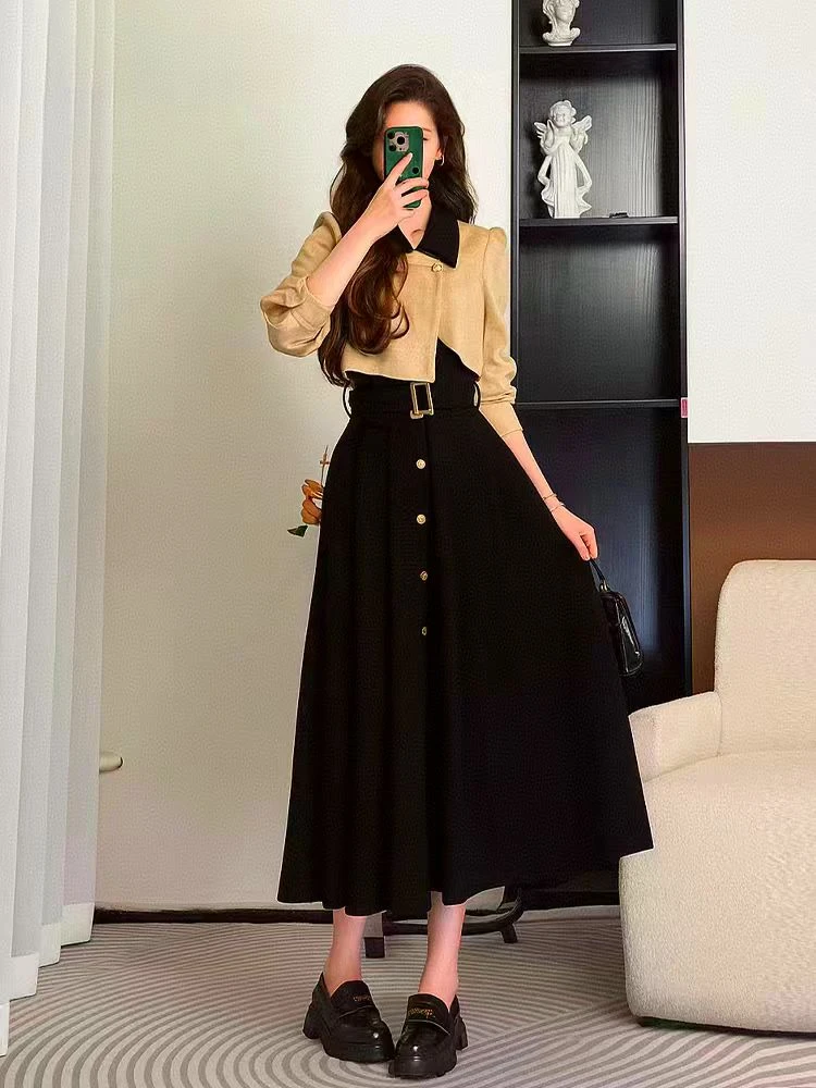 W233 法式气质假两件连衣裙秋季新款高级感独特别致显瘦收腰长裙