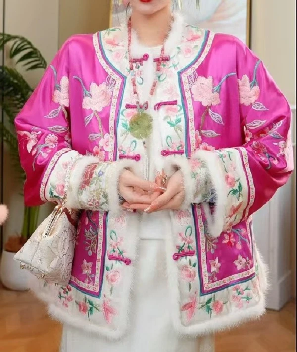 （芙蓉故里）毛领新中式冬款毛领棉服重工刺绣外套2024D8099-瑶瑶