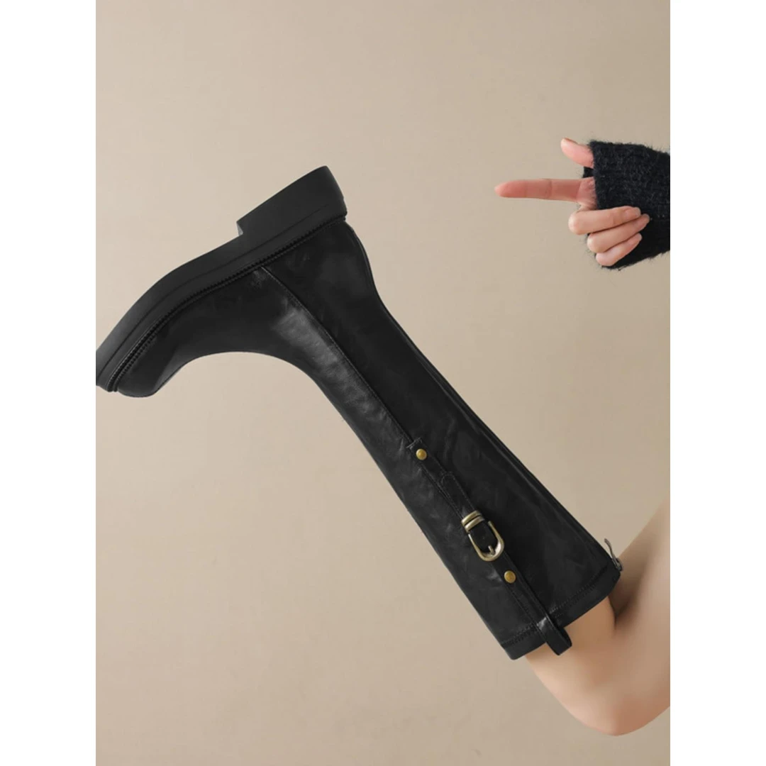 长筒靴女2025秋冬新款加绒不过膝长靴弹力大筒围骑士靴女大码4143