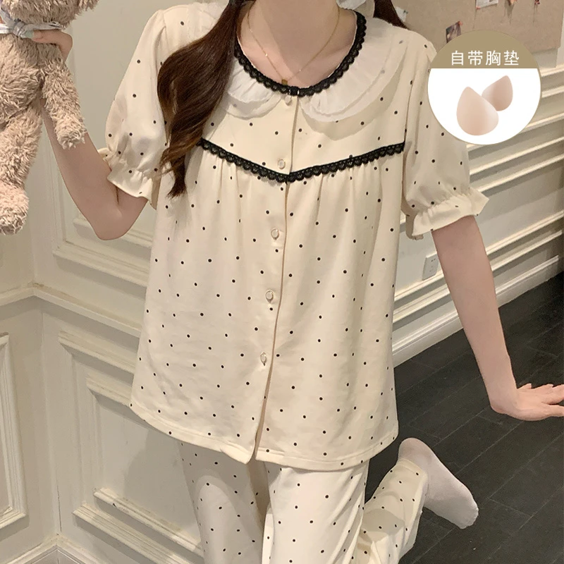 夏季2025年纯棉睡衣女款短袖长裤套装波点印花居家带胸垫可外穿