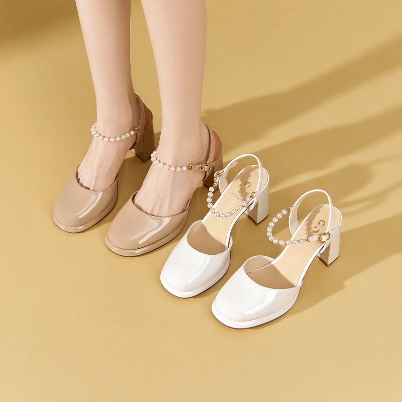 卓家女鞋春夏新款包头凉鞋女后空单鞋百搭尖头高跟鞋321N36682