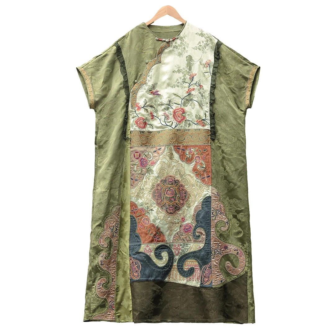 设计师原创高定刺绣清汉民族风雪薄荷新中式提花人丝连衣裙袍子夏