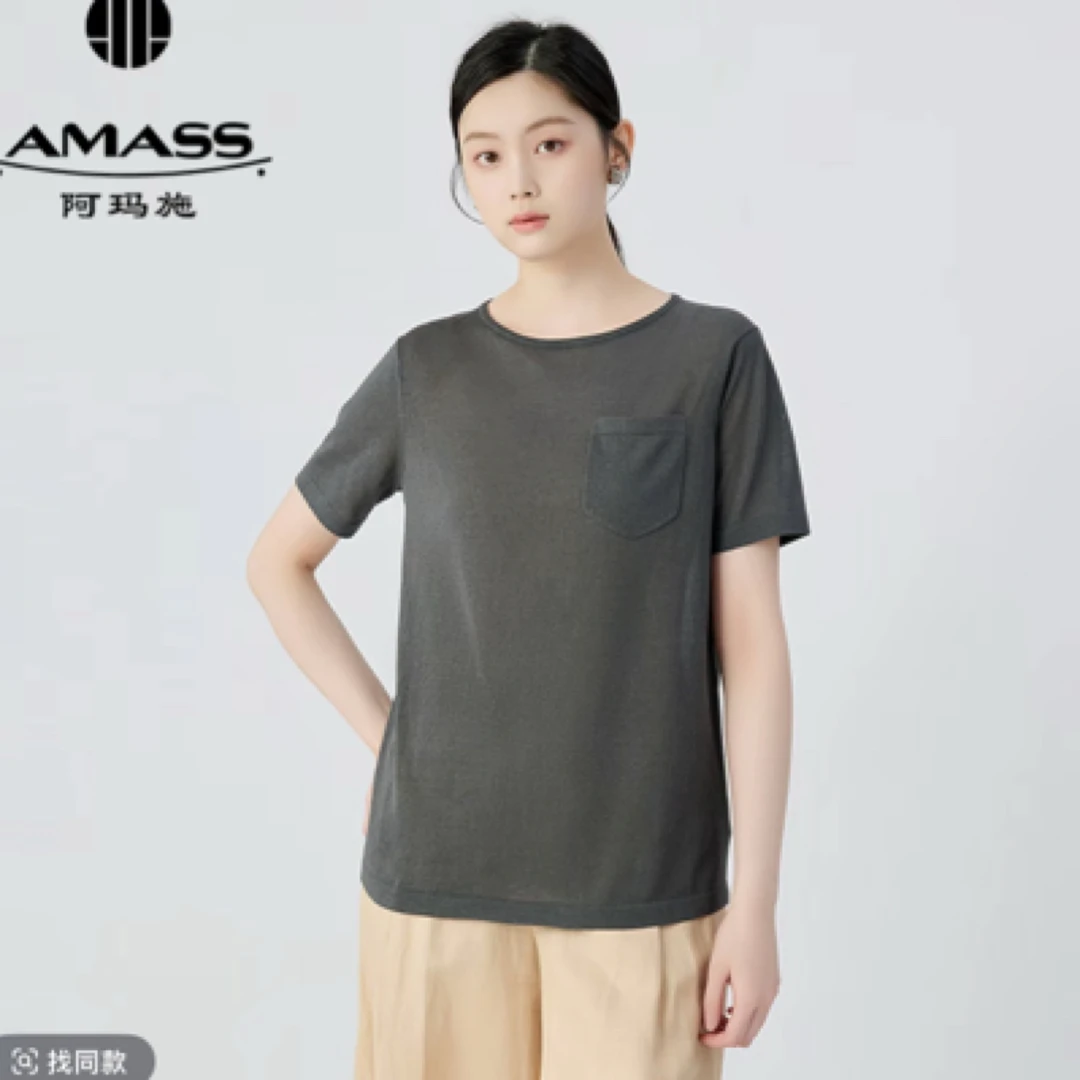 AMASS/阿玛施针织纯色口袋宽松圆领时尚显瘦夏季短袖T恤 5399423
