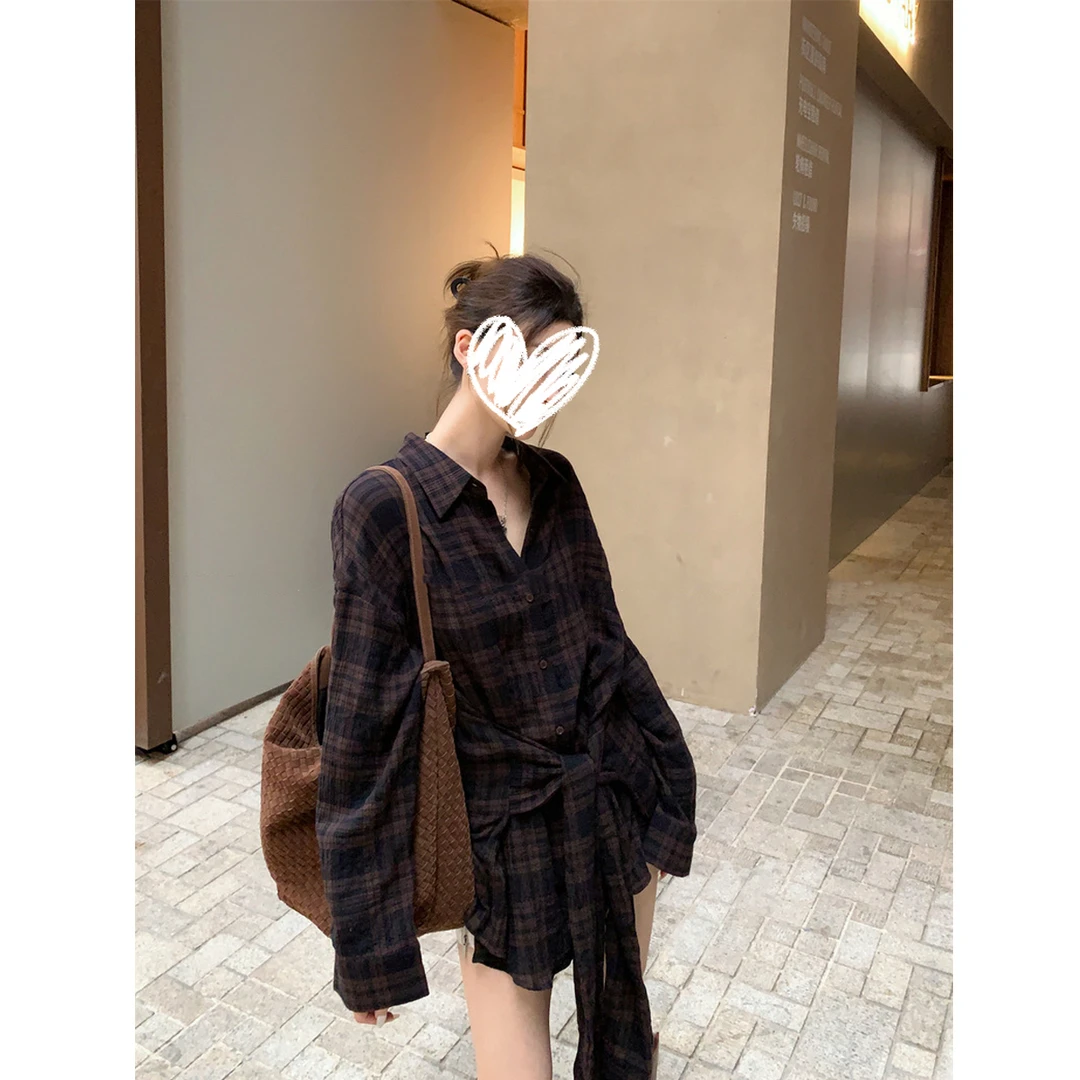 废土系设计感打结收腰格子衬衫上衣#9334