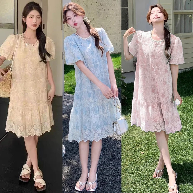 蕾丝镂空刺绣粉色小香风连衣裙女夏季温柔风甜美孕妇中长款连衣裙