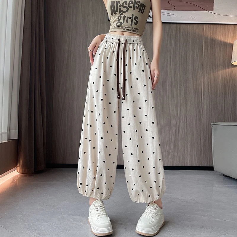 藏青色波点棉麻九分裤女夏薄款宽松显瘦休闲裤冰丝速干阔腿灯笼裤