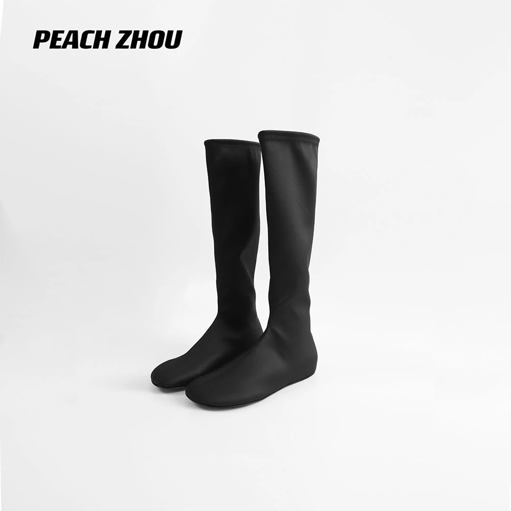 『PEACHZHOU』真丝羊皮莱卡布弹力高筒靴时髦薄底高级感平底长靴女