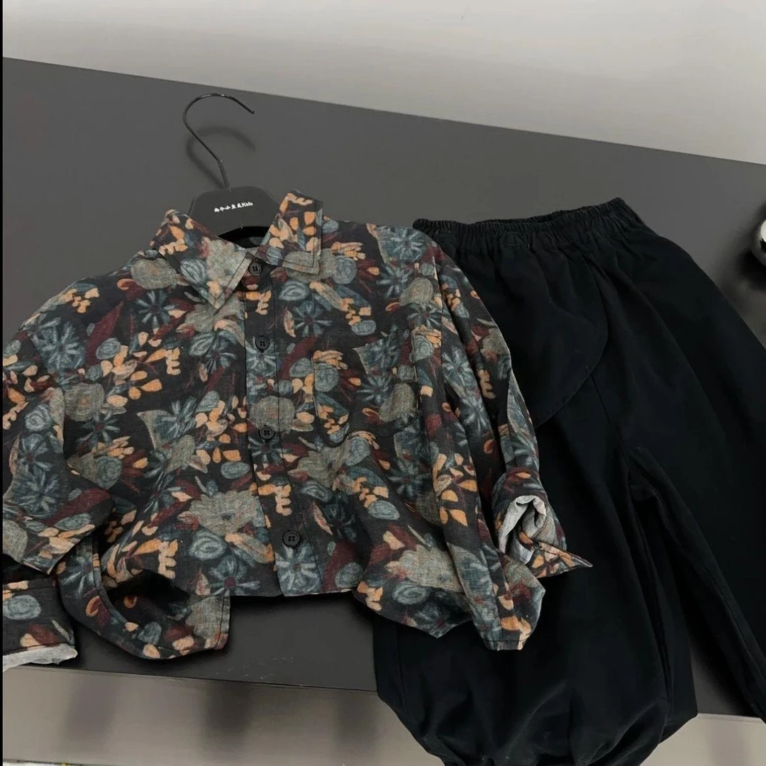 春季新款男童长袖港台风痞帅时尚碎花衬衫百搭灯笼裤套装韩版