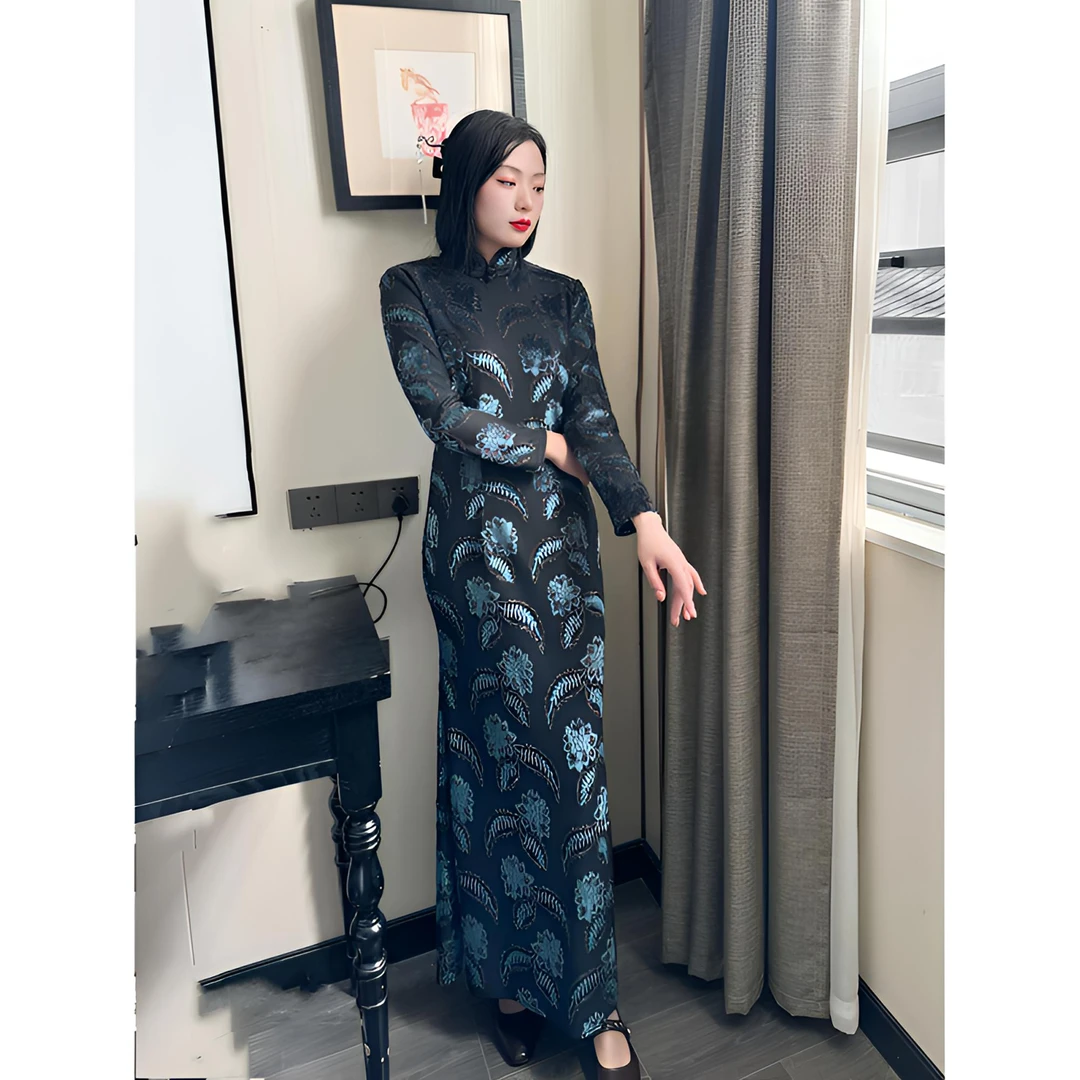 2516缘织裳旗袍原创自制丝绒压花面料金线绣春季新款鱼尾裙