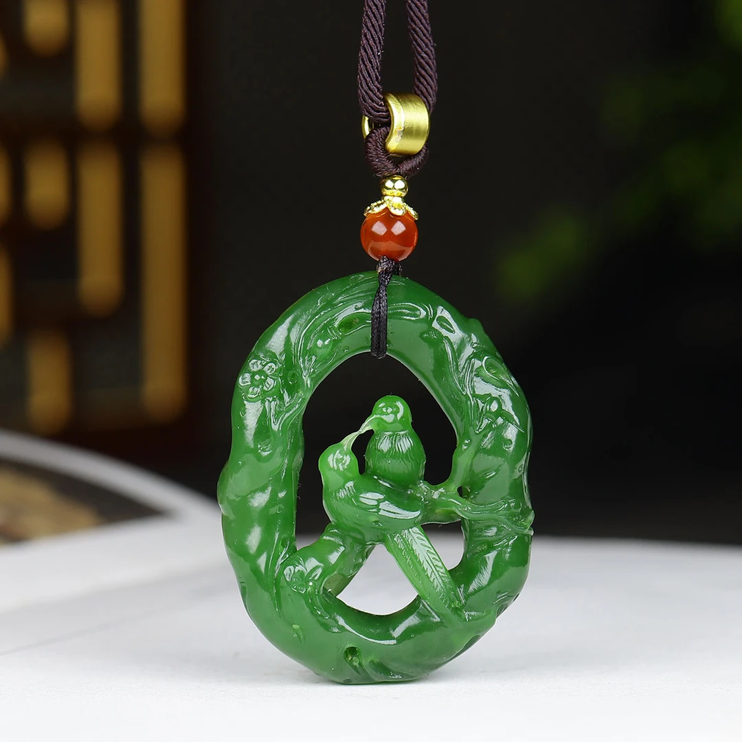 122678和田玉碧玉花鸟挂件