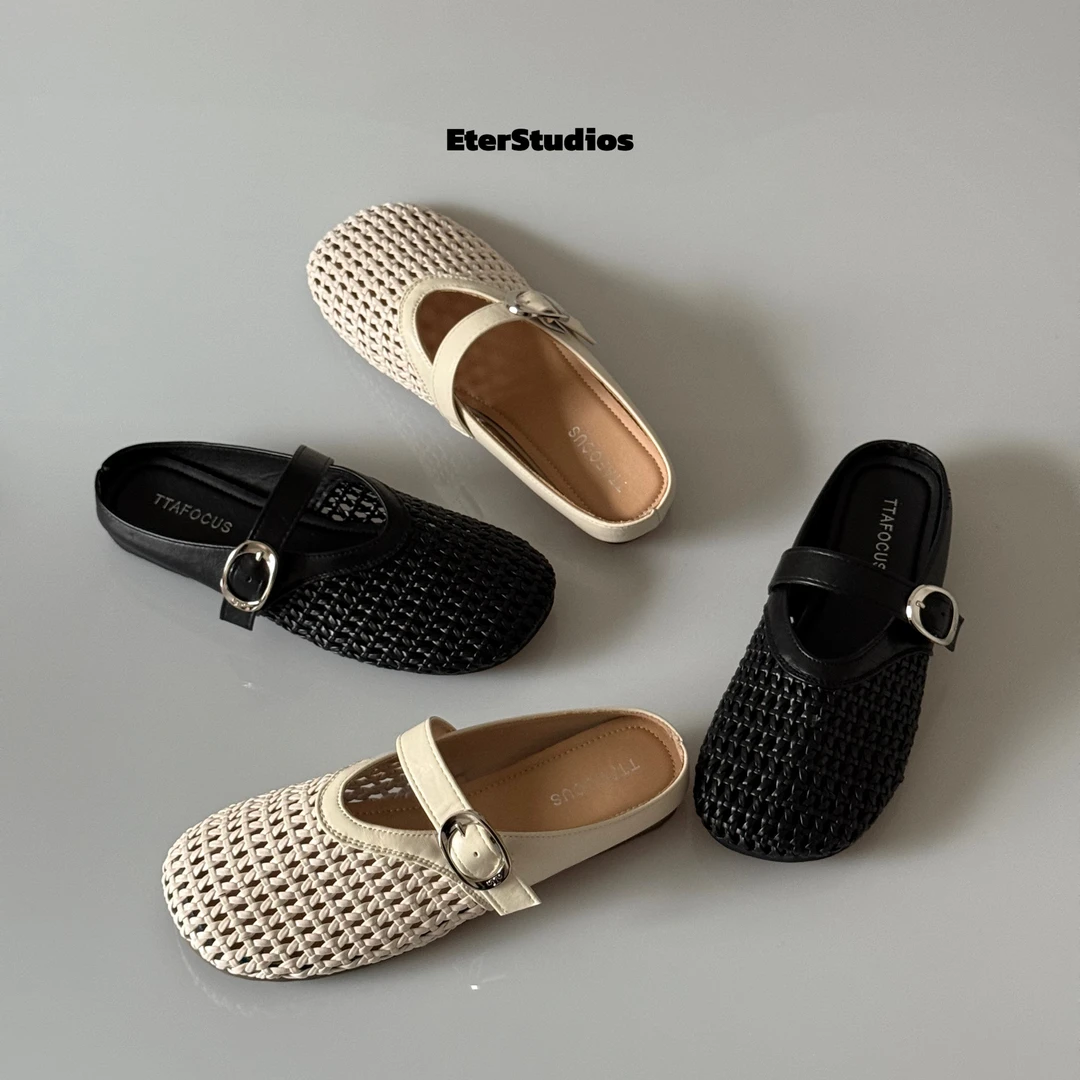 Es家2025春夏新款镂空包头透气半拖鞋女款外穿软底编织凉拖