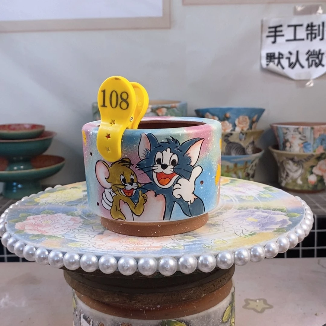 紫砂花盆杰***孙红陶手绘花盆