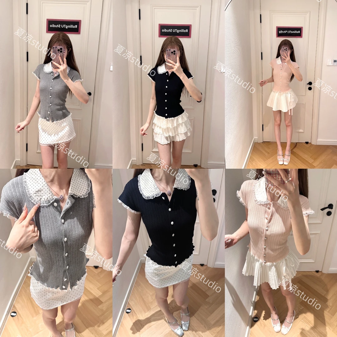夏季上新甜美少女风可爱波点领蕾丝边小香风短袖针织开衫