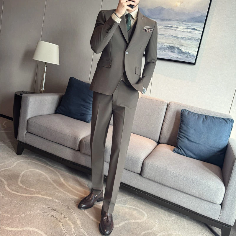 秋冬新款免烫抗皱色织高档面料纯色西装三件套西服男士痞帅商务