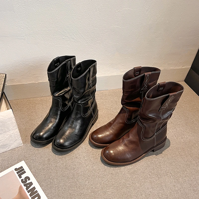 羊皮版~西部风中筒靴女2025年秋冬复古美拉德厚底堆堆靴短靴