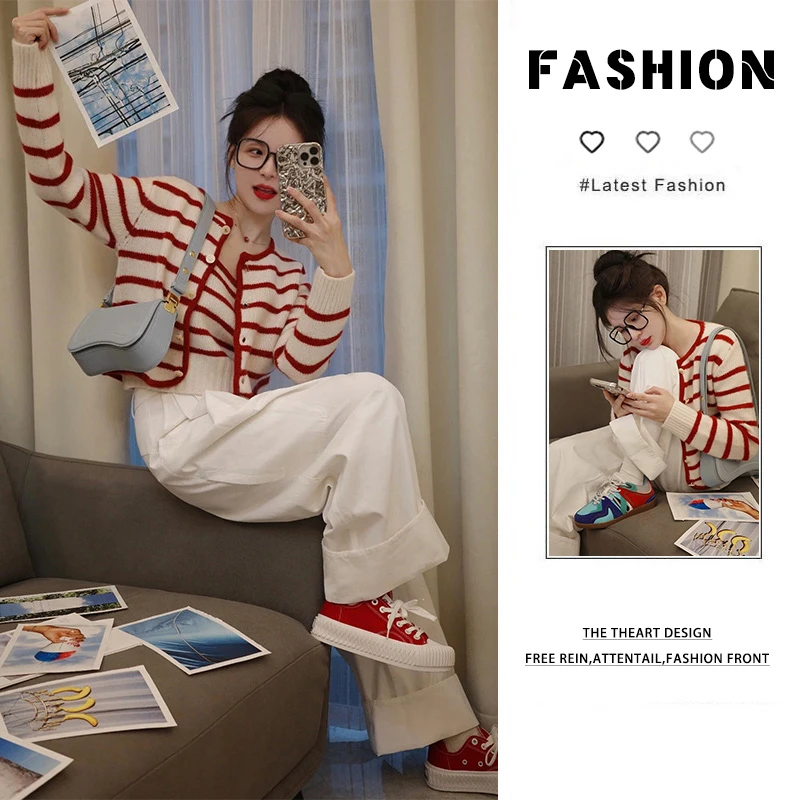 春季一整套时尚穿搭女2025新款韩版条纹开衫针织吊带休闲裤三件套