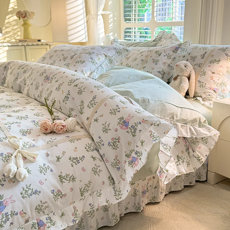 新款法式小碎花学生四件套100全棉纯棉四件套床单花边公主风被套