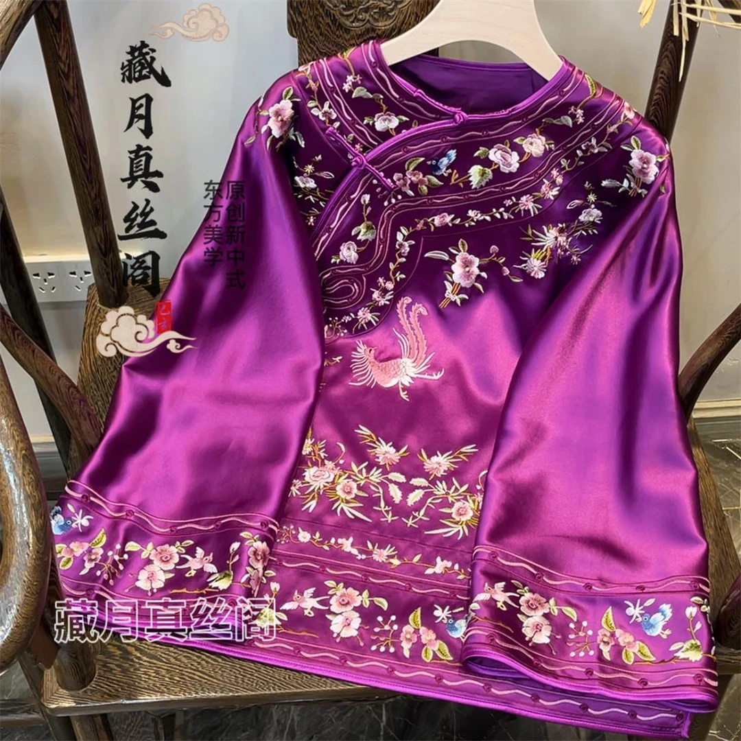 藏月新中式醋酸重工刺绣圆领斜襟上衣复古改良盘扣外套女E9402440