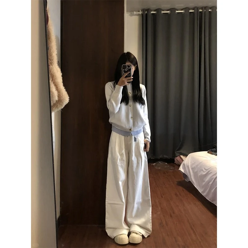 2025秋季新款韩系设计感百搭蓝色假两件针织开衫高腰阔腿休闲裤女