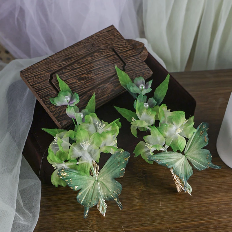 耀如春华 绿蝶意 原创古风纯手工真丝烫花发钗汉服配饰