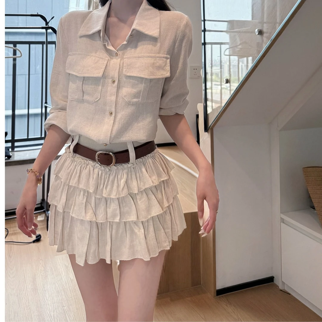 秋季新款韩系棉麻短款百搭气质衬衣＋蛋糕半身裙裙子短裙两件套