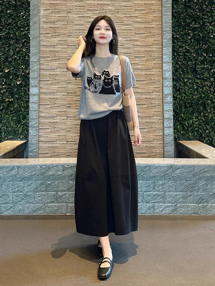 夏季减龄多巴胺一整套穿搭韩系小个子灰色正肩卡通T恤半身裙套装