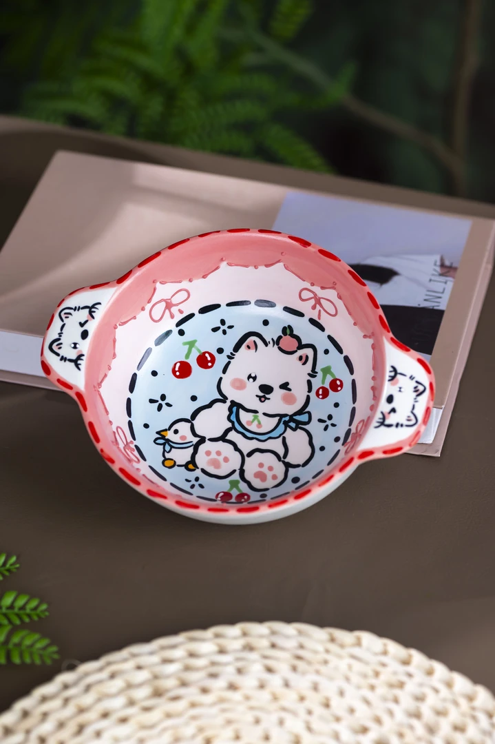 景德镇高温釉下彩手工手绘设计师款西高地粉色双耳碗
