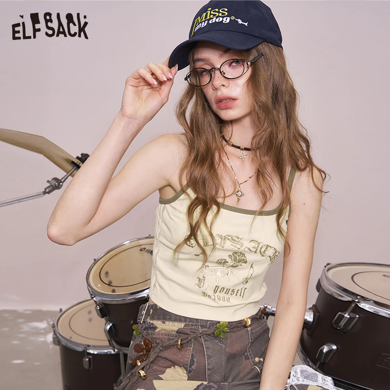 妖精的口袋2025夏季性感修身吊带外穿无袖挂脖时尚短款打底小众印