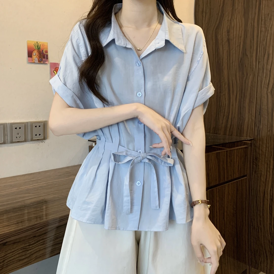 韩系大码胖mm夏季新款设计感翻领系带收腰别致气质休闲飞飞袖衬衫